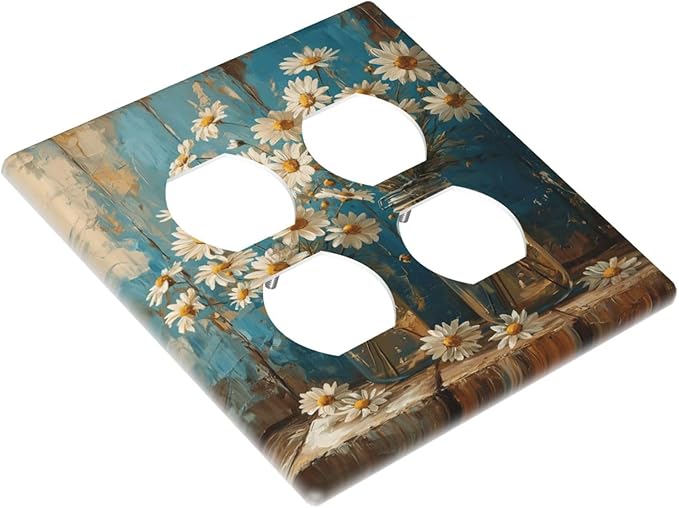 Delicate White Daisy Jars Retro Wood Background Outlet Covers 2 Gang Double Duplex Decorative Light Switch Covers Electrical Wallplates Socket Faceplate for Farmhouse Home Decor