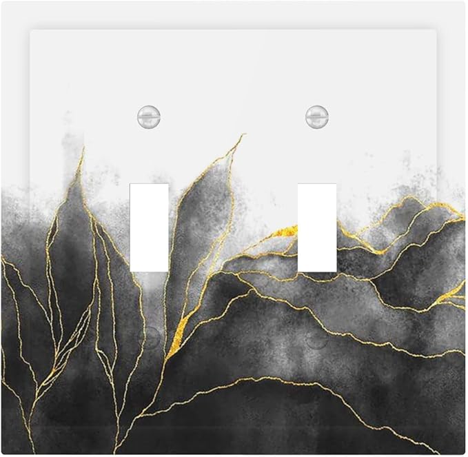 Decorative Switch Plates Black And Gold Marble White Golden Leaves 2 Gang Double Toggle Wall Plate Outlet Light Switch Cover Electrical Faceplate for Bedroom living Room Decor