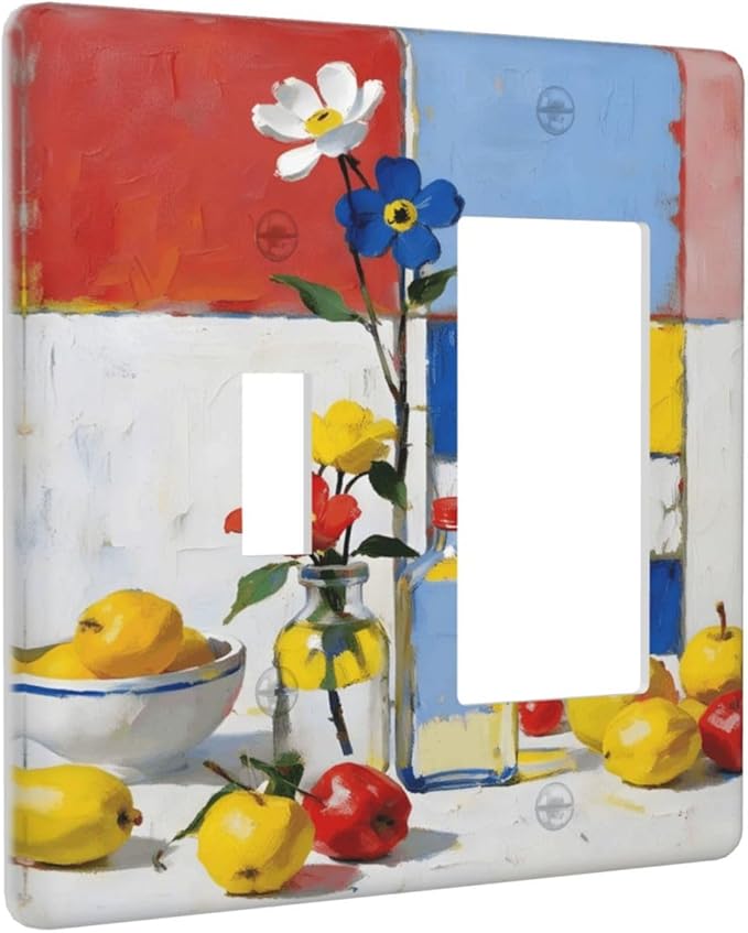 Color Block Floral Still Life Art Red Yellow Blue Abstract Outlet Covers 1 Toggle 1 Rocker Combination Decorative Wall Plate Electrical Switch Plates Light Switch Cover Plate for Farmhouse Bedroom