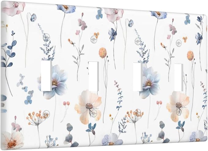 Wildflowers Plant Leaves Floral Berry Light Switch Covers Quad Toggle Electrical Faceplate 4 Gang Wall Plate Decorative Switch Plates for Bed Room Living Room Decor