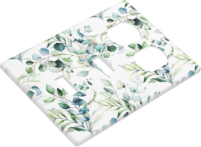 Green Olive Sage Eucalyptus Leaves 3-Gang 2-Toggle 1-Duplex Receptacle Combination Light Switch Decorative Triple Combo Device Switches/Rocker Outlet Covers and Wall Plate