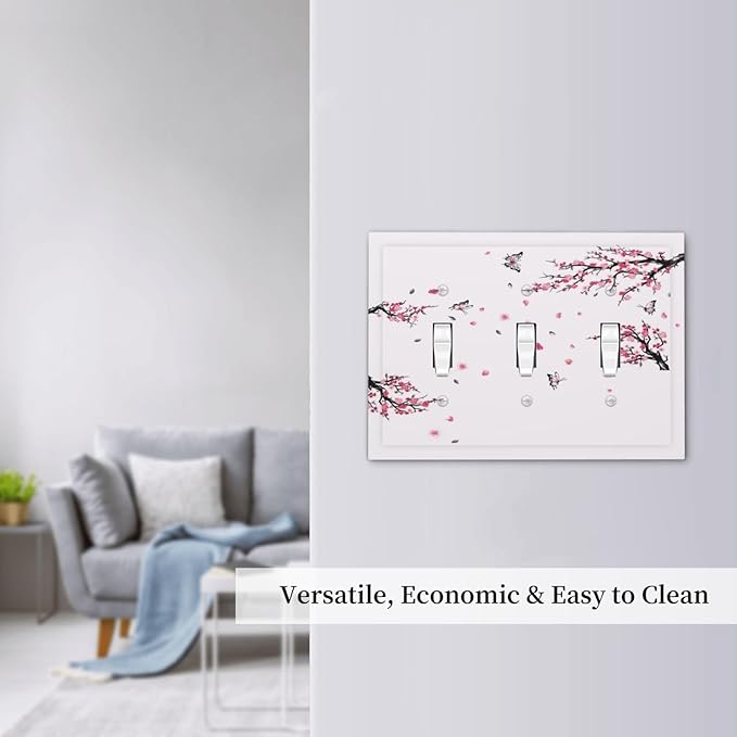 Pink Watercolor Cherry Blossom Flowe Tree Branch Floral Decorative Switch Plates 3 Gang Wall Plate Triple Toggle Light Switch Cover Faceplate Electrical Wall Panels for Bedroom Living Room Decor