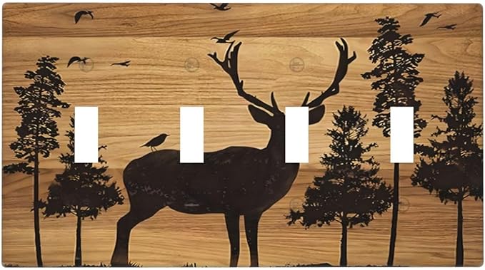 Elk Moose Forest Hunting Pyrography Art Wood Texture Print Light Switch Covers Quad Toggle Electrical Faceplate 4 Gang Wall Plate Decorative Switch Plates Cover for Farmhouse Bedroom Decor