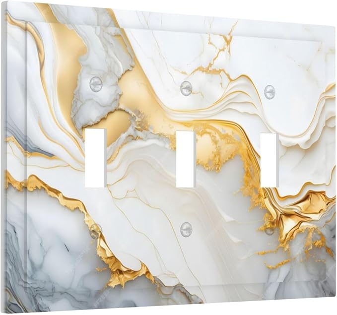 Exquisite White Gold Marble Abstract Luxurious Print Decorative Switch Plates 3 Gang Wall Plate Triple Toggle Light Switch Cover Faceplate Electrical Wall Panels for Bathroom Kitchen Decor
