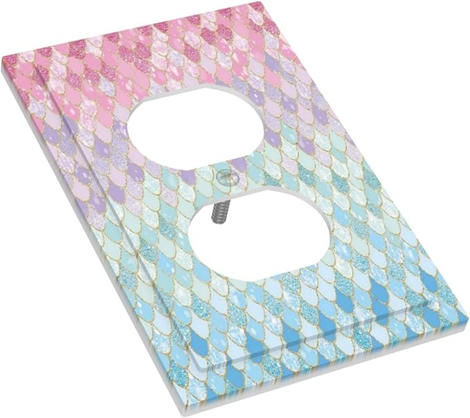 Colorful Mermaid Scales 1 Gang Outlet Plate Covers Decorative Single Duplex Wall Plate Electrical Receptacle Light Switch Cover Art Faceplate Switchplate for Girls Bedroom Nursery Living Room Decor