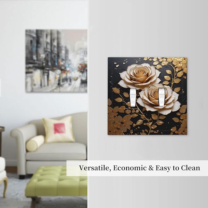 Decorative Light Switch Plate Covers Big Golden White Roses Glod Leaves Black Background 2 Gang Wall Plate Double Toggle Switch Cover Plate Electric Dual Device Electrical Faceplate