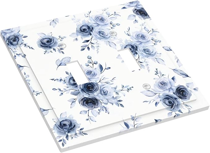 Watercolor Blue Roses Double Toggle Switch Cover - 2-Gang Standard US Size Serene Floral Light Switch Covers, French Country Vintage Bouquet for Farmhouse Homes