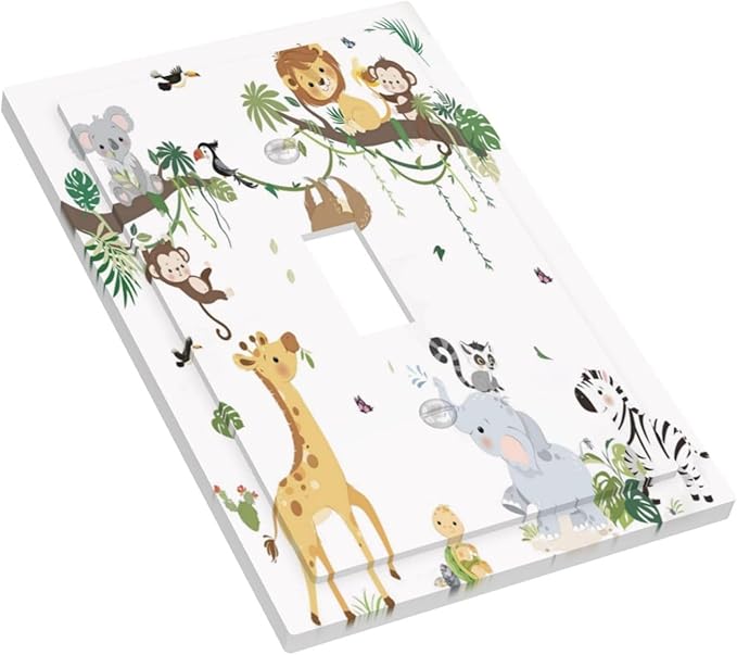 Jungle Animals Tree Branch Monkey Giraffe Lion Elephant Decorative Light Switch Cover 1 Gang Single Toggle Device Electrical Faceplate Switchplates Decorator Outlet Wall Plate for Kids Room Nursery