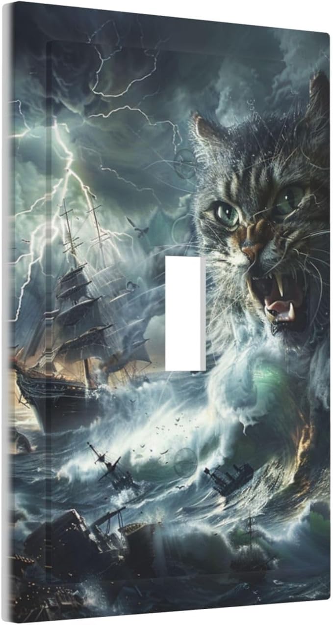 Light Switch Cover Plate funny Cat Stormy sea Lightning Sailboats 1 Gang Single Toggle Decorative Switch Plates Wall Plates Electrical Faceplate for Bathroom Kid Room Decor