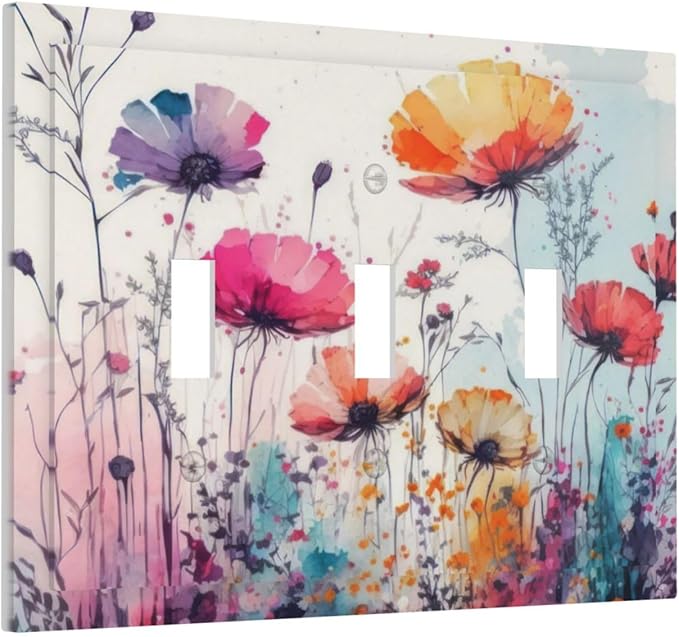 Light Switch Cover Plate Abstract Floral watercolor flowers 3 Gang Wall Plate Triple Toggle Wildflower Switch Covers Decorative Outlet Covers Electrical Switchplate for Bathroom Home Decor