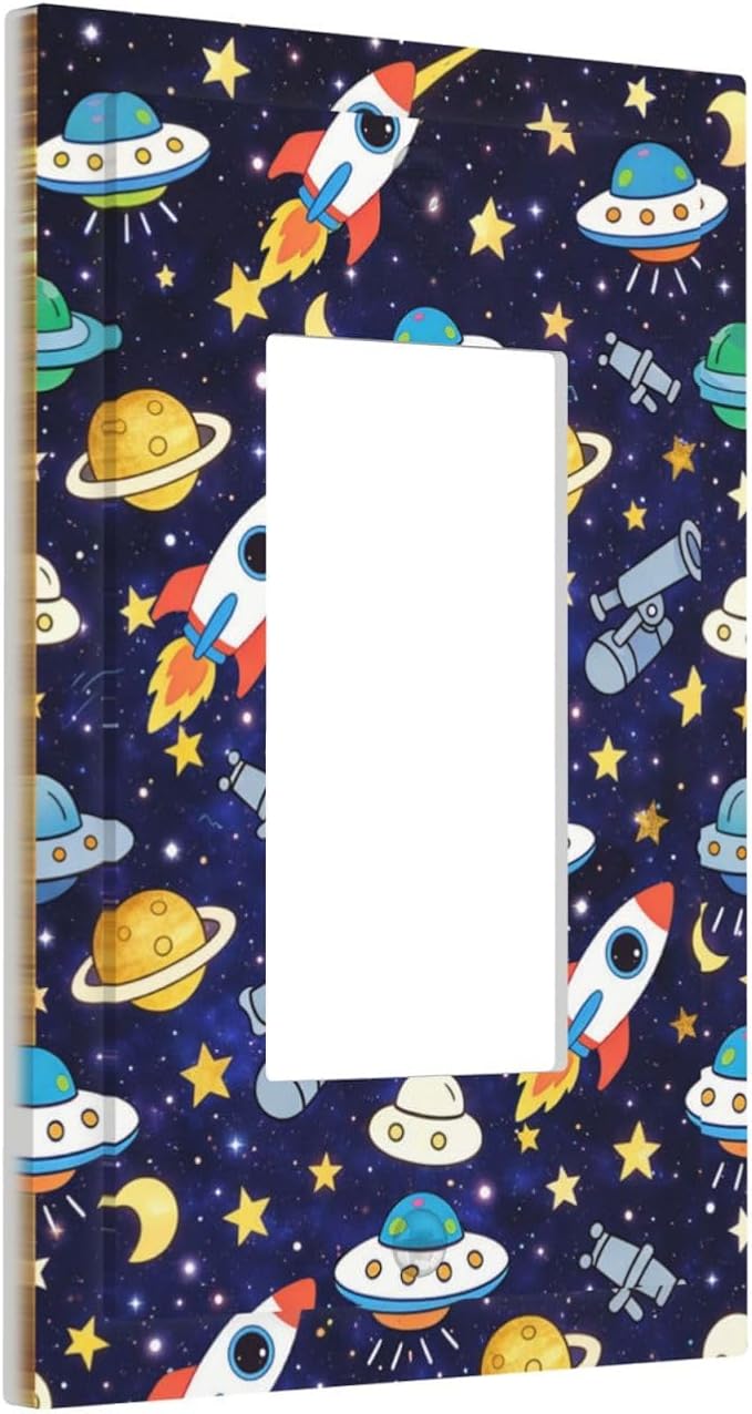 Decorative Outlet Covers Blue Space-themed Rocket Spaceship 1 Gang Rocker Light Switch Cover Plate Single Wall Plates for Electrical Switch Plate Covers Faceplate for Children's Room Decor