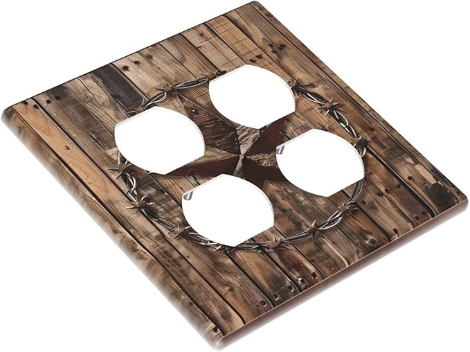 Outlet Covers Rustic Star Western Cowboy Wood 2 Gang Decorative Light Switch Cover Double Duplex Wall Plates Switch Plates Electrical Socket Covers for Farmhouse Home Decor