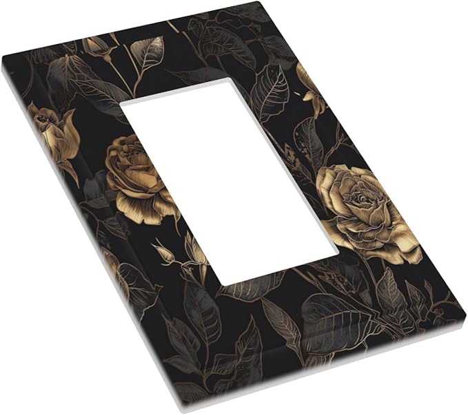 Black Floral Dark Vintage Gold Rose Flower Decorative Outlet Covers 1 Gang Single Rocker Light Switch Cover Plate Wall Plates GFCI Faceplate for Bedroom Living Room Decor