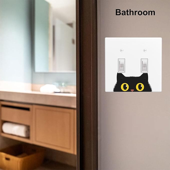 Cute Black Cat 2-Gang Double Toggle Switch Plate, Cartoon Cat Wall Plate for Bedroom, Bathroom, Living Room & Home