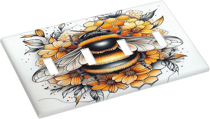 Light Switch Covers Bee Honeycomb Flowers Plant Leaves Quad Toggle Electrical Faceplate 4 Gang Wall Plate Decorative Switch Plates For Nursery Kids Room Decor
