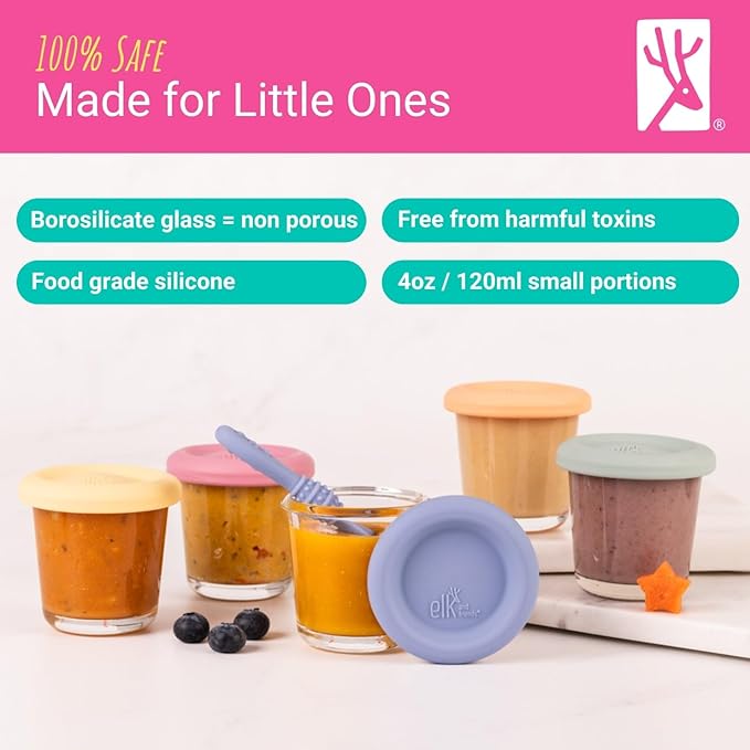 Elk and Friends 4oz Borosilicate Glass Baby Food Storage Jars with Silicone Lid | Strong Glass | Set of 6 | Microwave, Oven & Dishwasher Safe | Infant and Babies