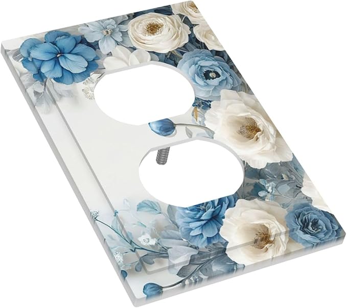 Decorative Outlet Covers Blue Rose White Flowers Rustic Floral 1 Gang Duplex Light Switch Cover Plate Wall Plates for Electrical Outlets Electrical Switchplate Face Plate