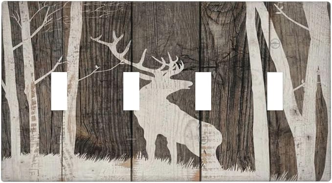 Vintage Wood Forest Deer Wildlife Animal Silhouette Light Switch Covers Quad Toggle Electrical Faceplate 4 Gang Wall Plate Decorative Switch Plates Cover for Farmhouse Home Decor