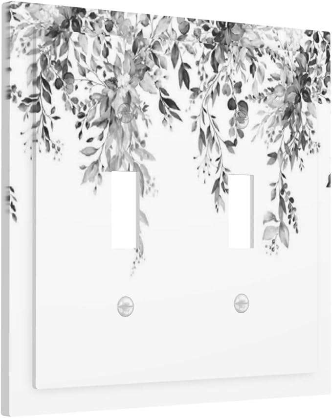 Decorative Switch Plates Grey Floral Plant Eucalyptus Leaf Flower 2 Gang Double Toggle Outlet Light Switch Cover Wall Plate Electrical Faceplate For Bed Room Living Room Decor