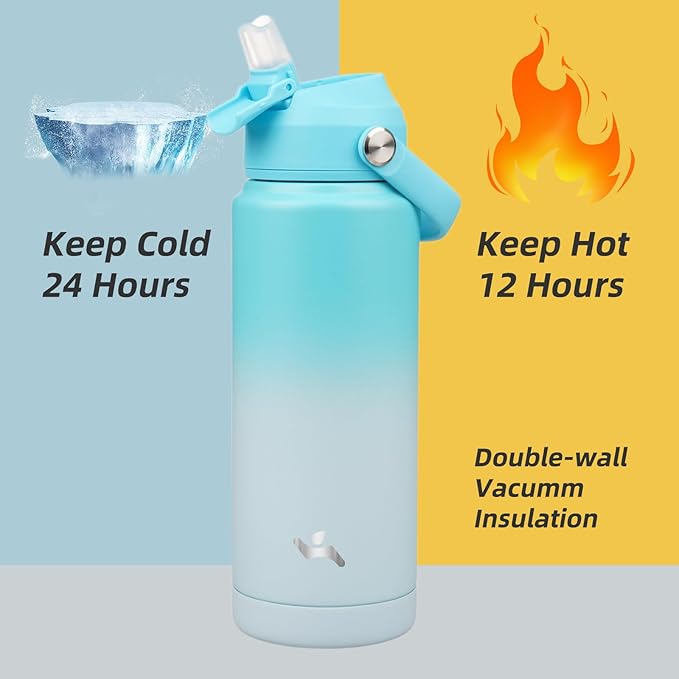 Konokyo Insulated Water Bottle with Straw Lid,24 oz Stainless Steel Vacuum Metal Bottle with Silicone Handle,Sea Salt