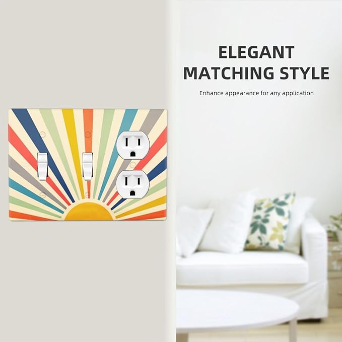 70s Hippie Bohemian Minimalist Aesthetics Art Mid Century Boho Abstract Sun 3 Gang Combination 2 Toggle 1 Duplex Receptacle Light Switch Wall Plates Device Combo Two Toggle One Receptacle Outlet Cover