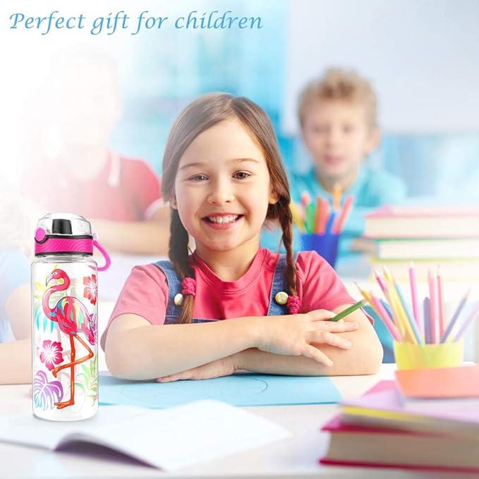Home Tune Cute Water Bottle for School Kids Girls, BPA FREE Tritan & Leak Proof & Easy Clean & Carry Handle, 23oz/ 680ml - Flamingo