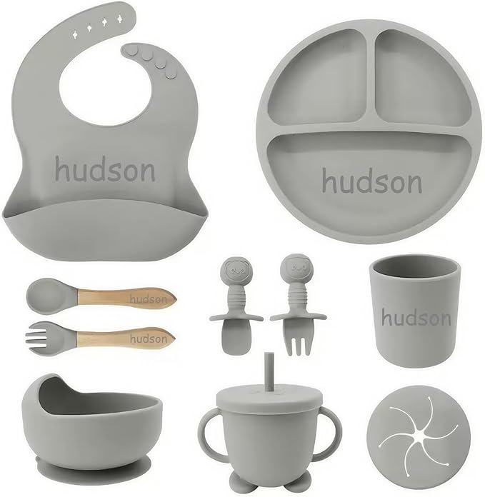 Personalized Silicone Suction Plates for Baby，Custom Toddlers Spoon and Fork, Baby Feeding Set with Name,Baby Birthday Gift for Boy & Girl (grey)