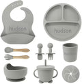 Personalized Silicone Suction Plates for Baby，Custom Toddlers Spoon and Fork, Baby Feeding Set with Name,Baby Birthday Gift for Boy & Girl (grey)