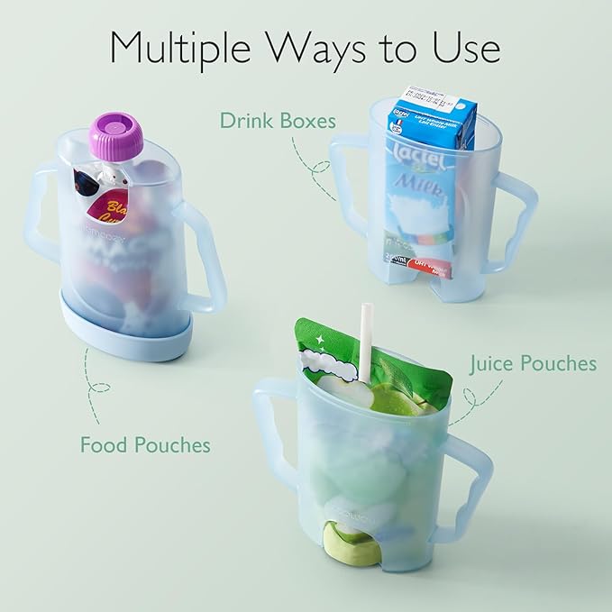 Momcozy Baby Pouch Holder No Squeeze, Baby Food & Juice Box Holder, Mess-Free, Easy Grip for Self-Feeding, BPA-Free & DEHP-Free, Must-Have for Babies, Blue (Pack of 2)