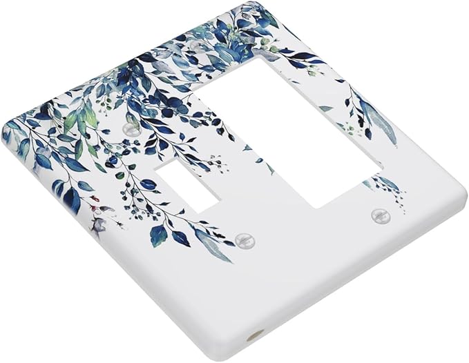 Blue Eucalyptus Watercolor Leaves 2 Gang Single Toggle Rocker Combination Light Switch Cover Green Plant Decorative Wall Plate Cover Electrical Faceplate for Bathroom Bedroom Kitchen Decorate