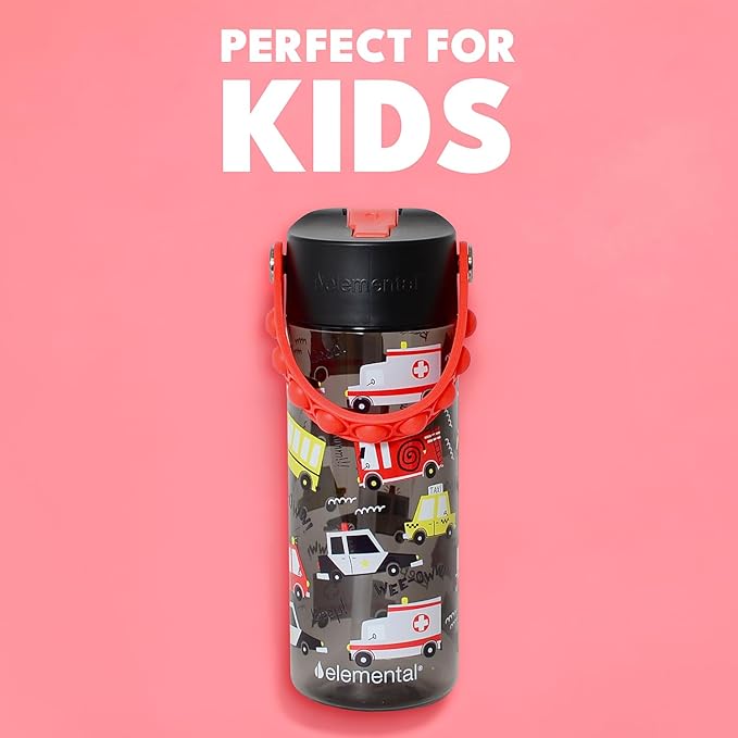 Elemental Water Bottles for Kids - Splash Kids Water Bottle for School with Pop-it Handle - BPA Free Tritan Plastic Water Bottle with Straw Leak Proof when Spout is Closed - Service Vechicle - 18oz
