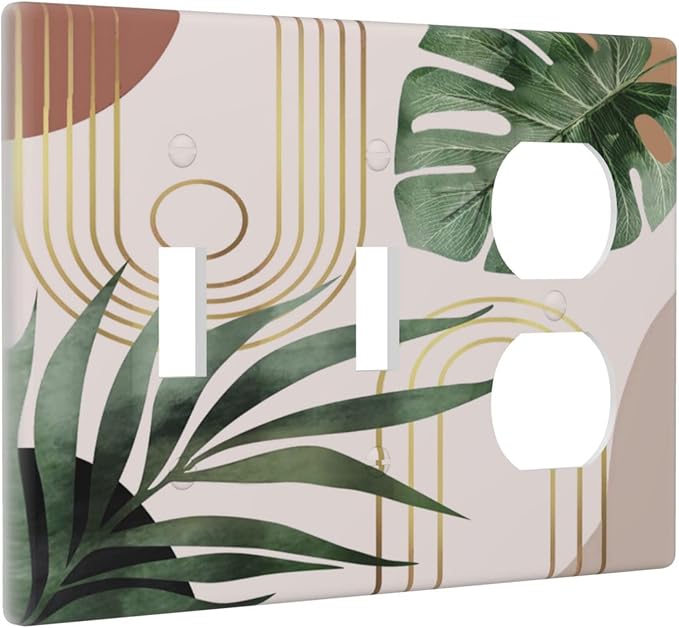 Middle Mid Century Boho Sun Green Palm Leaf 3-Gang Combination Wall Plate 2 Toggle 1 Duplex Receptacle Outlet Cover Decorative Tropical Orange Abstract Art Combo Device Light Switch Faceplate Cover