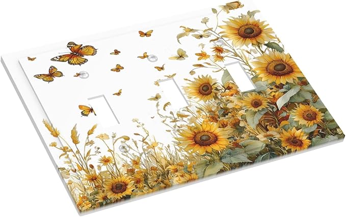 Sunflower Gold Wildflowers Summer Butterfly Decorative Switch Plates 3 Gang Wall Plate Triple Toggle Light Switch Cover Faceplate Electrical Wall Panels for Bedroom Living Room Decor
