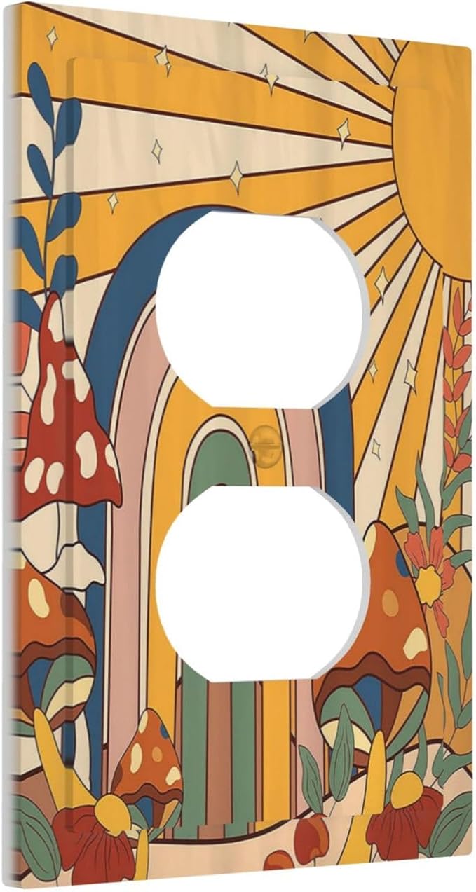 Outlet Covers Mushroom Hippie Sun Rainbow Vintage Floral Funky Boho 1 Gang Duplex Electrical Receptacle Faceplate Light Switch Cover Wall Plate Decorative Switch Plates for Bedroom