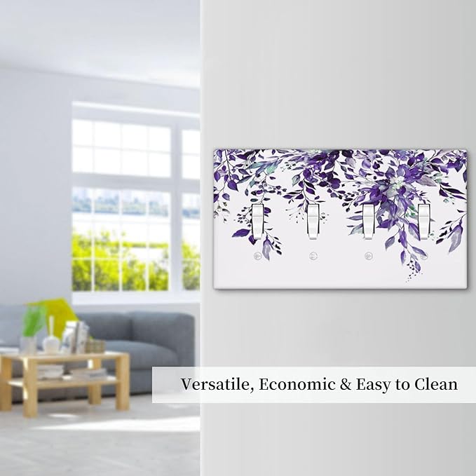 Decorative Light Switch Cover Plate Purple Eucalyptus Boho Olive Leaves Country Unique 4 Gang Wall Plate Switch Plate Covers Quad Toggle Jumbo Electrical Faceplate for Bedroom Decor