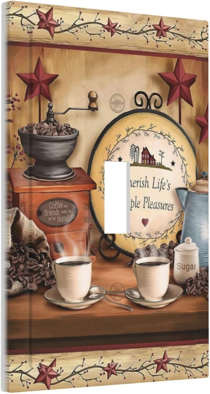 Kitchen Coffee Beans Cup Bar Clock Restaurant Decorative Light Switch Cover 1-Gang Cafe Country Life Texas Star Dining Room Single Toggle Wall Plate Electrical Device Switch Face Wallplate Jumbo Size