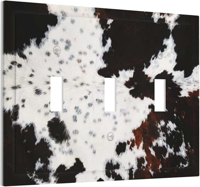 Western Black White Brown Cow Decorative 3 Gang Triple Toggle Light Switch Cover Highland Cowhide Wild Animal Fur Skin Spots Cheetah Leopard Print Wall Plate Electrical Three Device Switch Face Plate