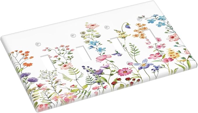 Boho Watercolor Wildflowers Floral Plants Flower Light Switch Covers Quad Toggle Electrical Faceplate 4 Gang Wall Plate Decorative Switch Plates Cover for Bedroom Living Room Decor