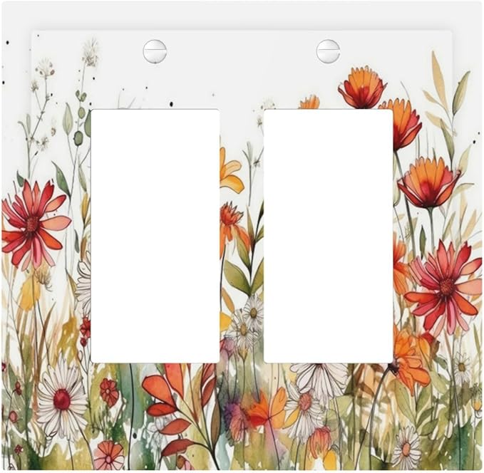 Watercolor Wild Flower Floral Daisy Plant Decorative Outlet Covers 2 Gang Double GFCI Rocker Electrical Wall Panels Light Switch Cover Plate for Bedroom Living Room Decor