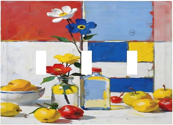 Color Block Floral Still Life Art Red Yellow Blue Abstract Decorative Switch Plates 3 Gang Wall Plate Triple Toggle Light Switch Cover Faceplate Electrical Wall Panels for Farmhouse Bedroom Decor