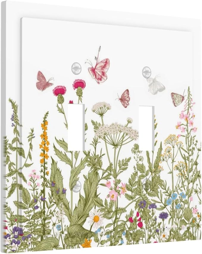 Colorful Butterfly Floral Plants Flower Vine Decorative Switch Plates 2 Gang Double Toggle Outlet Light Switch Cover Wall Plate Electrical Faceplate for Bed Room Living Room Decor