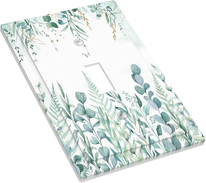 Boho Green Eucalyptus Leaf Floral Sage Flower Decorative Light Switch Cover 1 Gang Single Toggle Device Electrical Faceplate Switchplates Decorator Outlet Wall Plate for Bedroom Living Room Decor