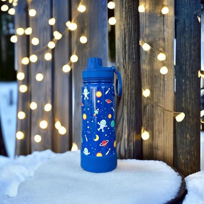CHILLOUT LIFE 17 oz Kids Insulated Water Bottle for School with Leakproof Spout Lid and Cute Waterproof Stickers, Personalized Stainless Steel Thermos Flask Metal Water Bottle, Blue Space