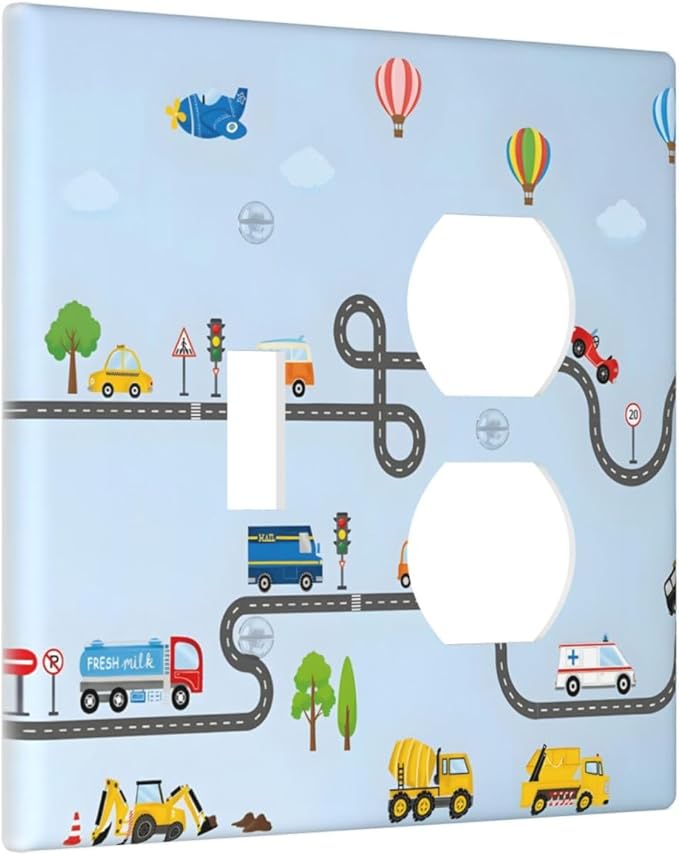 Road Construction Car Truck Hot Air Balloon Wallplates 1 Toggle 1 Duplex Switch Plate Electrical GFCI Faceplate Decorative Light Switch Covers for Nursery Kids Room Decor