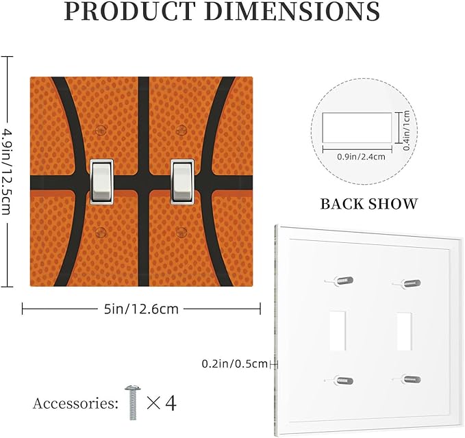 Vintage Basketball Texture Double Toggle Switch Cover - 2-Gang Standard US Size Sports Themed Light Switch Covers for Boy's Bedroom Decor