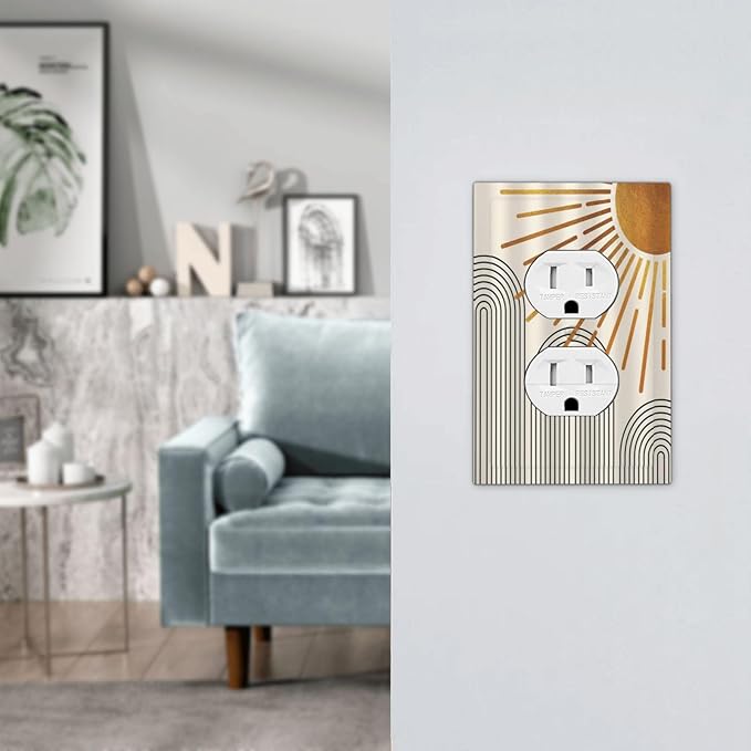 Mid Century Beige Boho Abstract Sun Vintage Arch 1 Gang Outlet Plate Decorative Single Duplex Wall Plate Covers Electrical Receptacle Light Switch Cover Faceplate Switchplate for Country Bedroom Decor