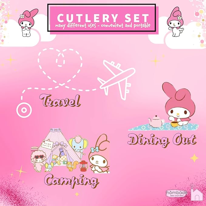 Stainless Steel Cutlery Tableware Flatware Silverware 3 Piece Set Portable Reusable Travel Cute Kawaii Anime Cartoon Dog Bunny for Boys and Girls (Pink Melody)