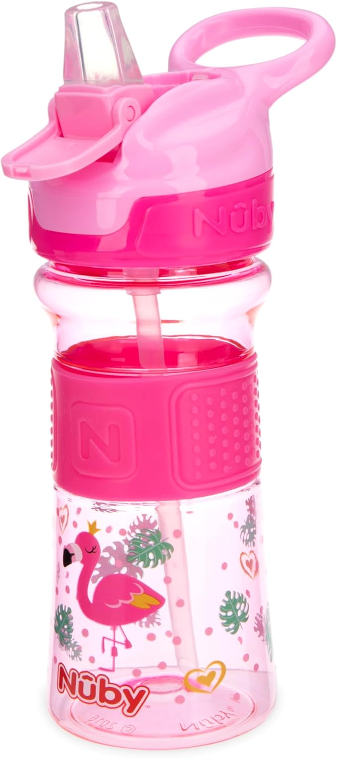 Nuby Thirsty Kids Push Button Flip-it Soft Spout on The Go Water Bottle with Easy Grip Band, Pink Rainbows, 12 Ounce
