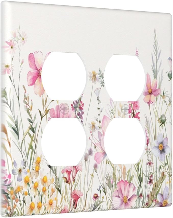 Pink Floral Wild Flowers Watercolor Plants Outlet Covers 2 Gang Double Duplex Decorative Light Switch Covers Electrical Wallplates Socket Faceplate for Bedroom Living Room Decor