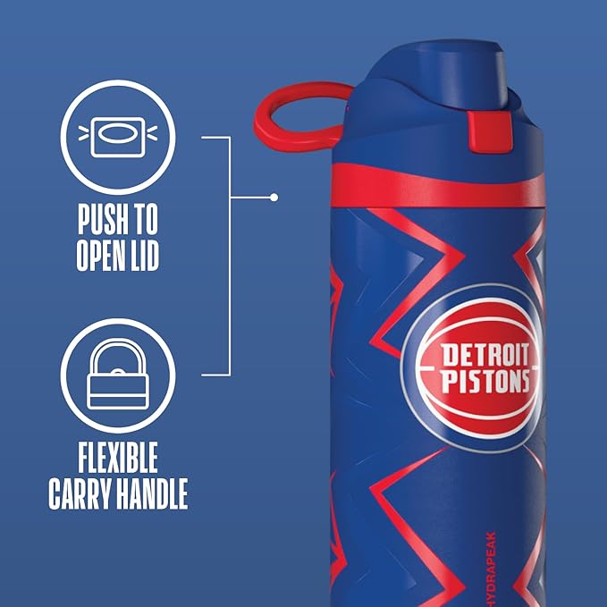Hydrapeak x NBA Officially Licensed Detroit Pistons Oasis 20 oz Insulated Kids Water Bottle, Stainless Steel Water Bottle Kids with Chug Lid, Push Button